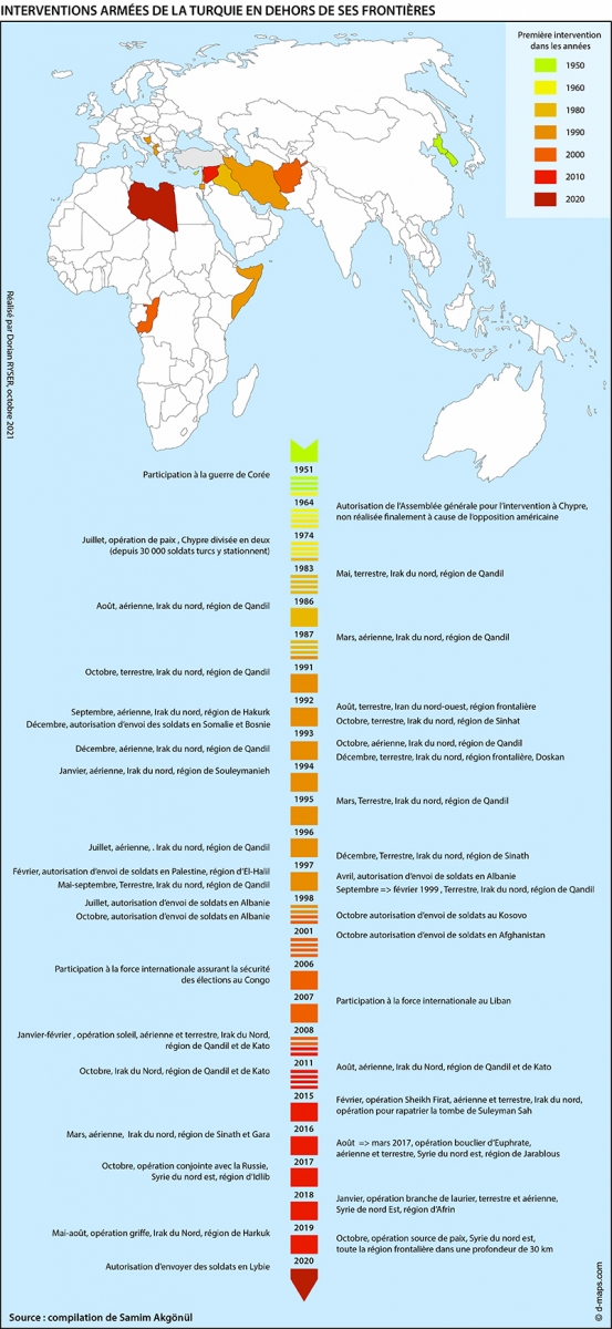 Carte - Interventions armées de la Turquie en dehors de ses frontières