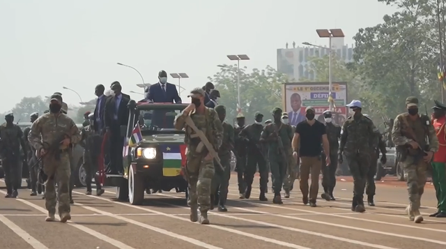 Russian mercenaries provide security for the convoy of President Faustin-Archang