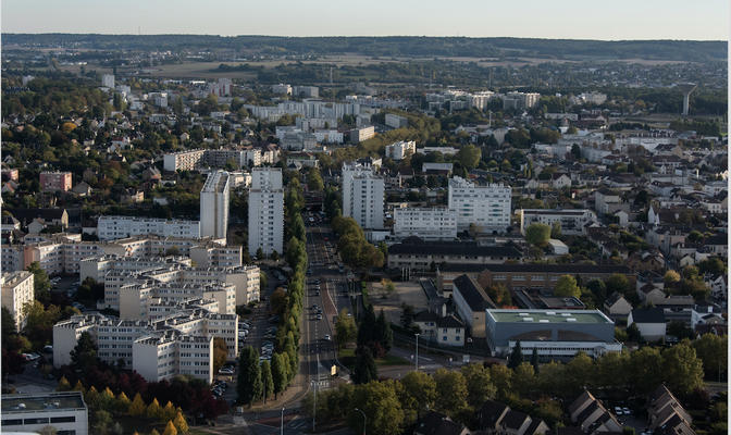 aerial view of buildings in the suburban city of Les Mureaux in the department o