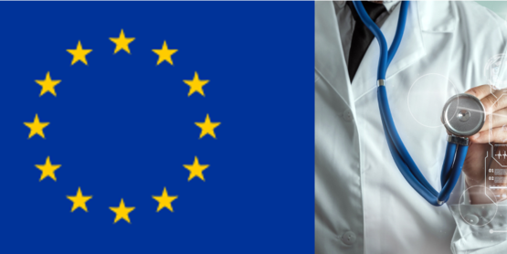 Drapeau européen et médecin tenant un stéthoscope