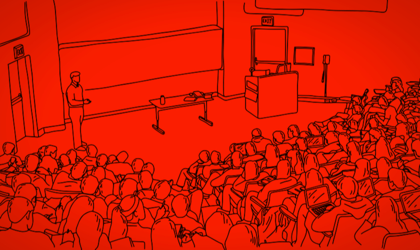 Drawing of a lecturer giving a talk in an amphitheatre