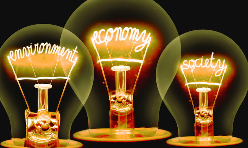 Three lightbulbs with filaments indicating environment, economy, and society