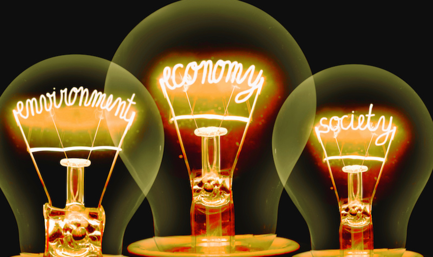 Three lightbulbs with filaments indicating environment, economy, and society