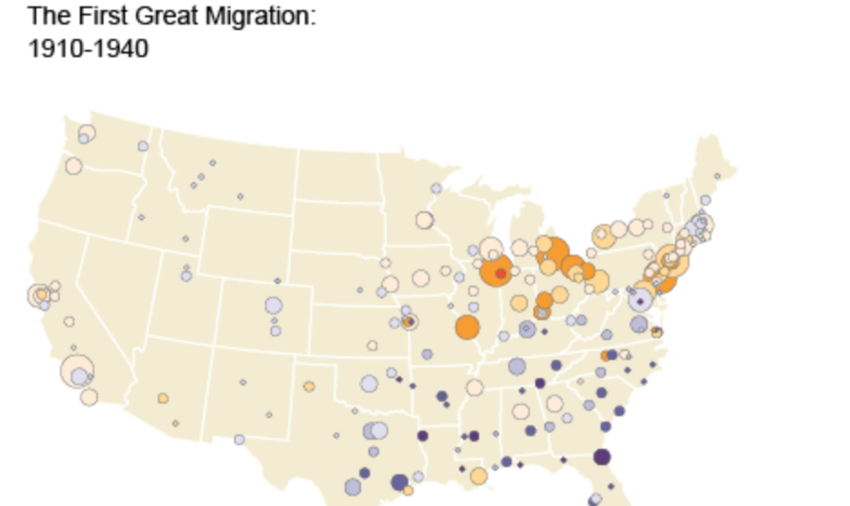 Map of the first Great Migration 1910-1940 in the US