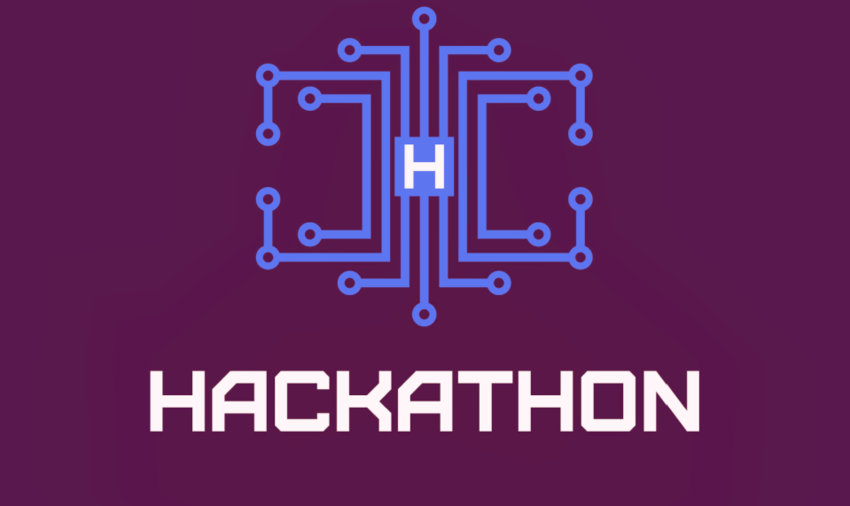 Stylised circuit of memory chip with the word hackathon underneath
