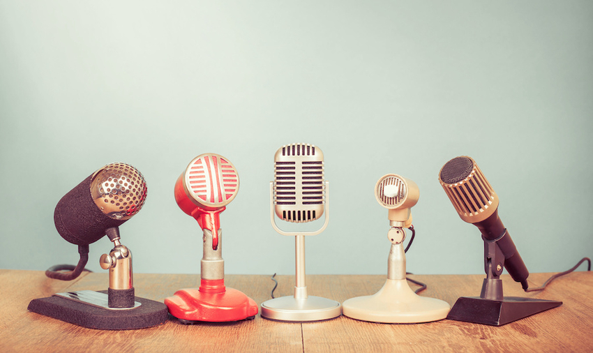 Vintage microphones on a desk