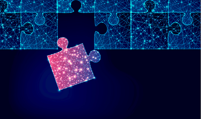 Blue futuristic puzzle with bright dots and a missing piece (red) to complete it