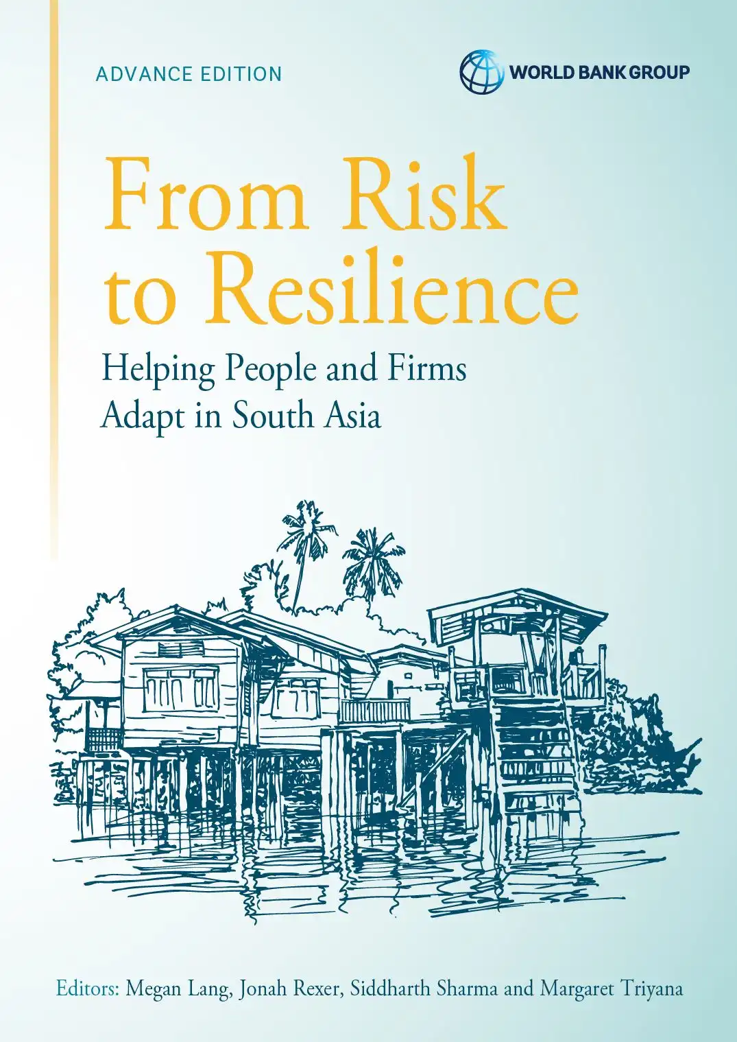 Book cover of World Bank report From Risk to Resilience with ink drawing of houses on stilts over water