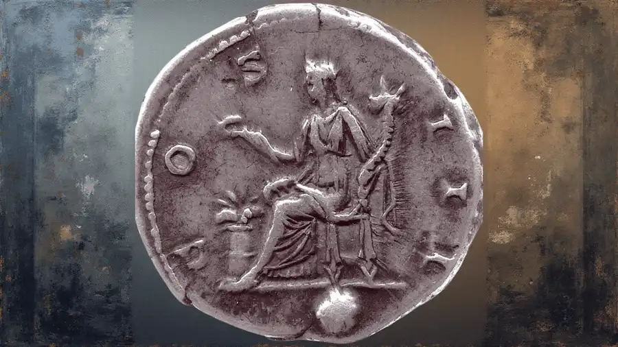 Annona, draped, seated left on low chair, holding hook upwards in right hand and cornucopia in left hand: at her feet, left, modius and corn-ears. Globe in ex. (reverse)