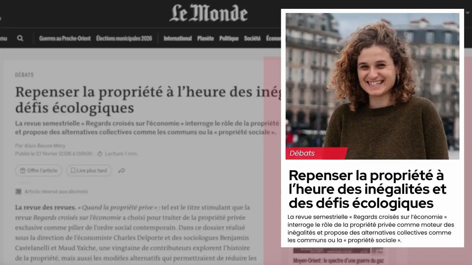 Maud Yaïche citée dans Le Monde pour sa coordination et sa participation au numéro « Quand la propriété privée » de la revue Regards croisés sur l’économie