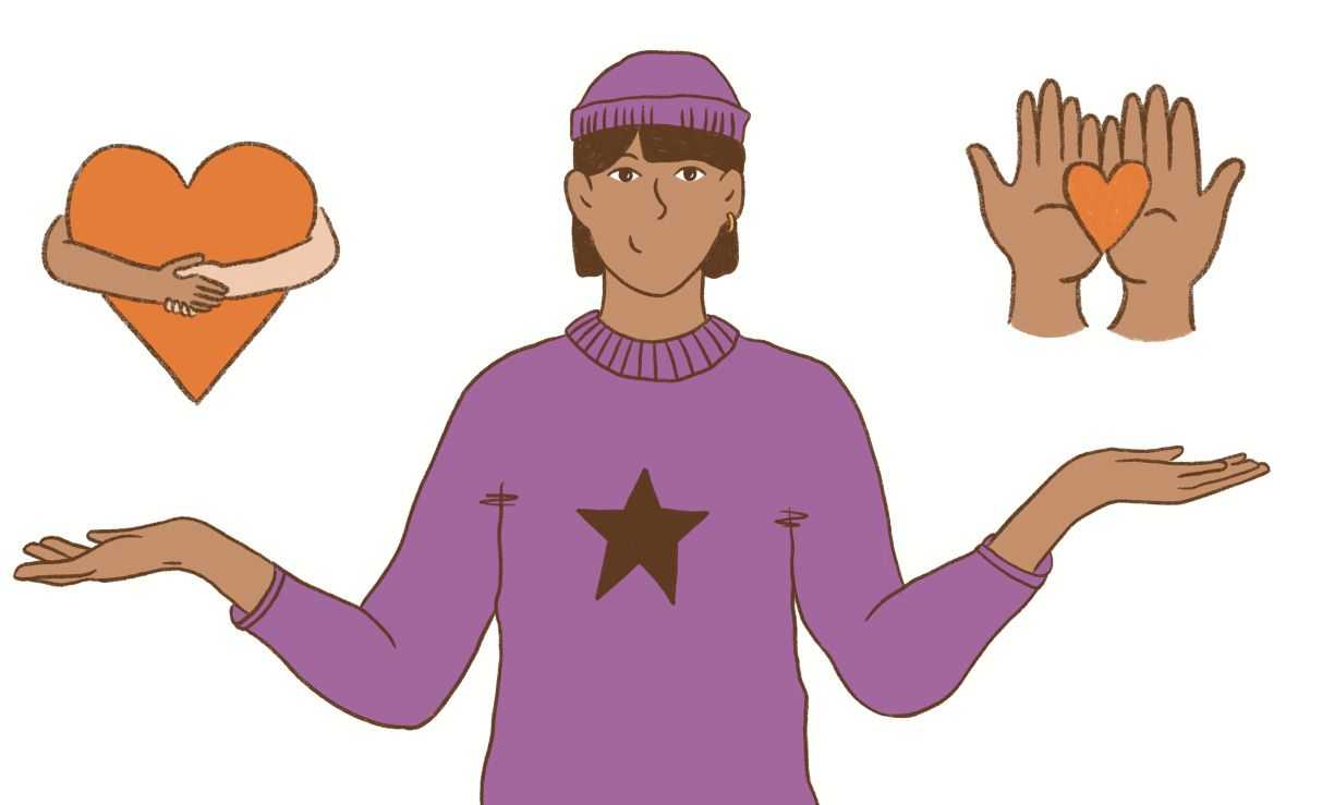 A character with arms outstretched, flanked on either side by heart-shaped eyes