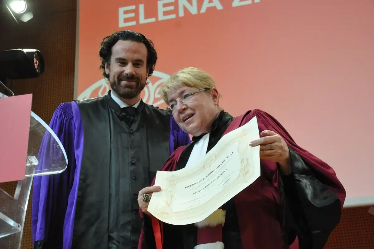 Elena Zhemkova and Mathias Vicherat at Sciences Po in June 2022