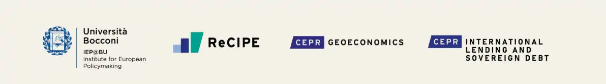Logos of conference partners (Bocconi, RECIPE, CEPR RPN Geoeconomics, CEPR RPN International lending and sovereign debt