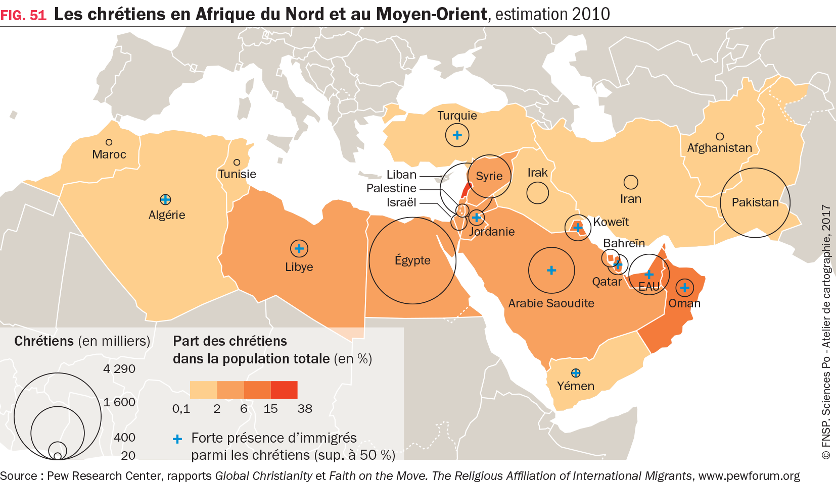 Carte : Les chrétiens en Afrique du Nord et au Moyen-Orient, estimation 2010