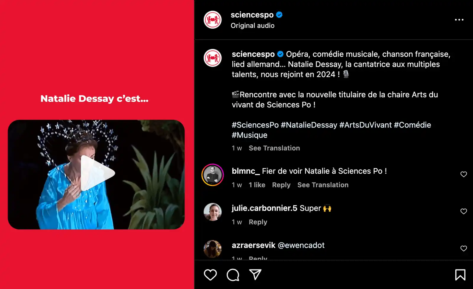 Vidéo sur Instagram - rencontre avec Natalie Dessay