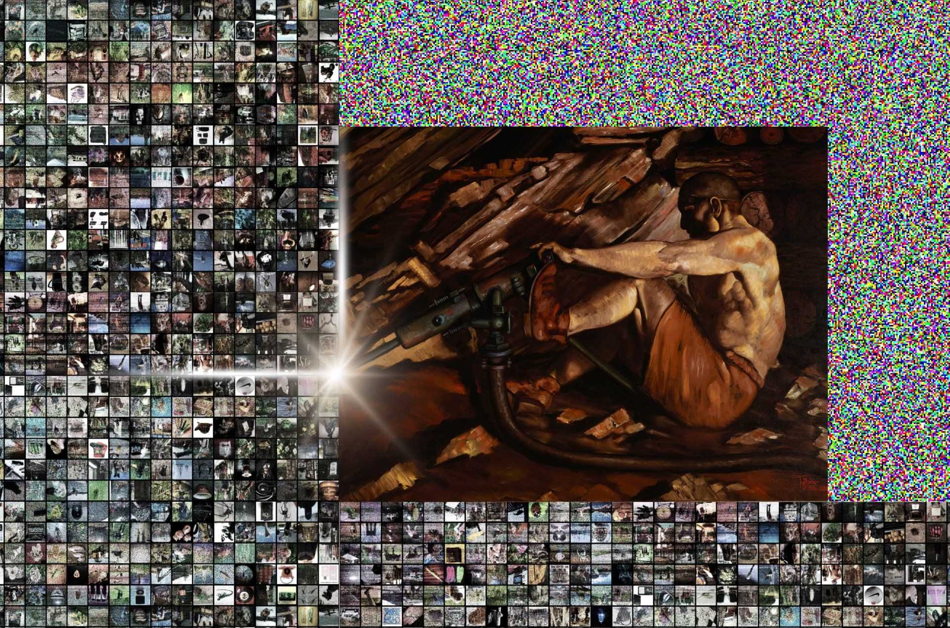Collage numérique associant un tableau historique représentant un mineur à une grande grille composée de nombreuses petites images trouvées sur Internet.