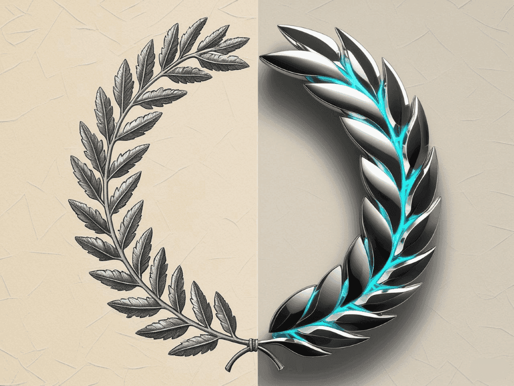 AI-generated image of a laurel wreath whose right-side is techno futurist