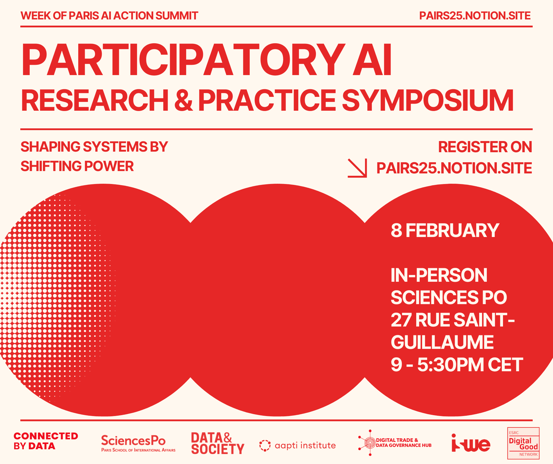 Graphic design with information on the Participatory AI Research & Practice Symposium