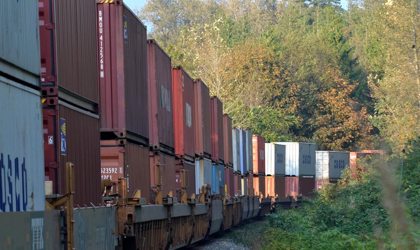 Double-stack container train on the Canadian transcontinental railway