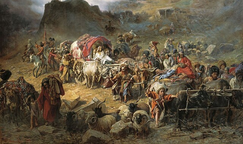 The abandonment of the village by the mountaineers as the Russian troops approac