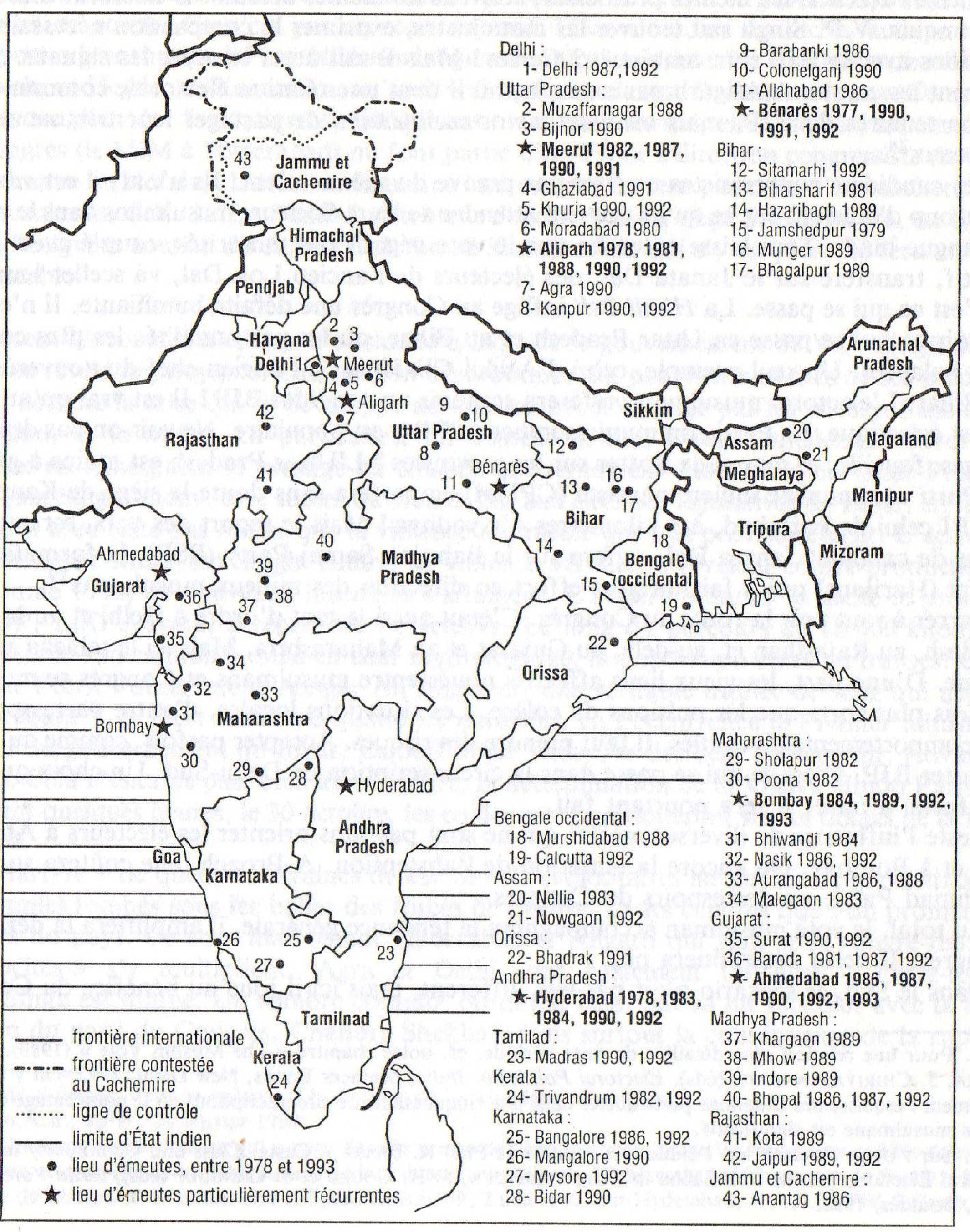 Map 2. Locations of Main Riots between Hindus and Muslims (1978–1993)