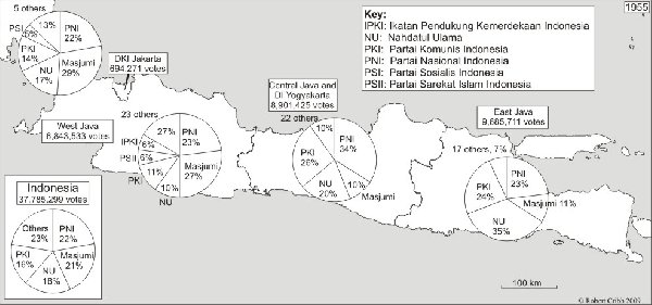 Map showing the results of the 1955 elections, reproduced with permission from Robert Cribb, originally published in Cribb (2000).