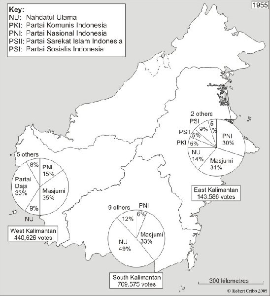 Map showing the results of the 1955 elections, reproduced with permission from Robert Cribb originally published in Cribb (2000).