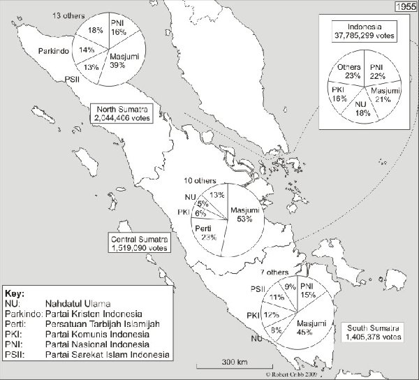 Map showing the results of the 1955 elections, reproduced with permission from Robert Cribb originally published in Cribb (2000).