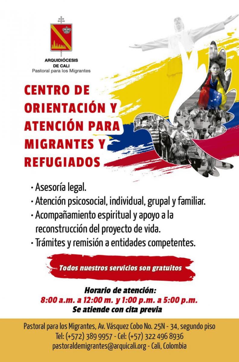 Afiche informativo de la Pastoral Migrantes de la ciudad de Cali