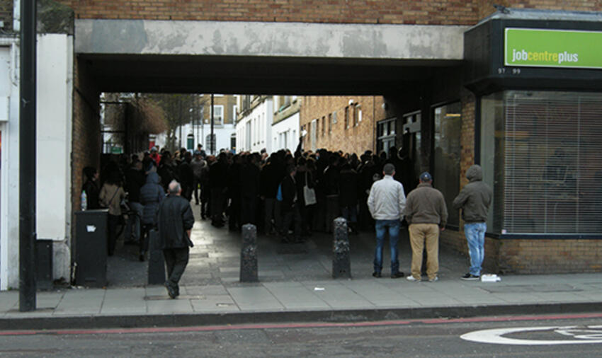 A Crowd outside Camden Job Centre (N19± - CC BY-SA 3.0)