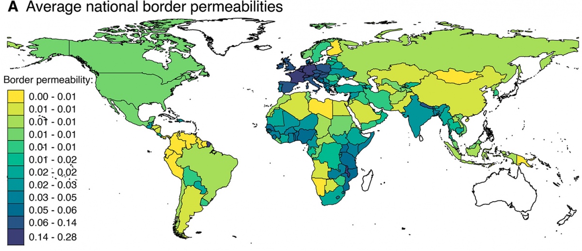 Worldmap - Average border permeabilities - Recchi, Deutschmann, Gabrielli, 2023