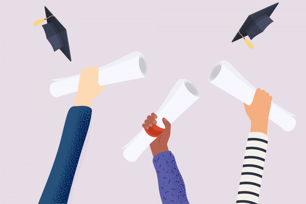 Illustration avec des mains qui tiennent leurs diplômes en l'air