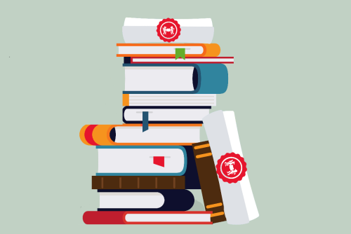 Une pile de livre sur laquelle est posé un diplôme