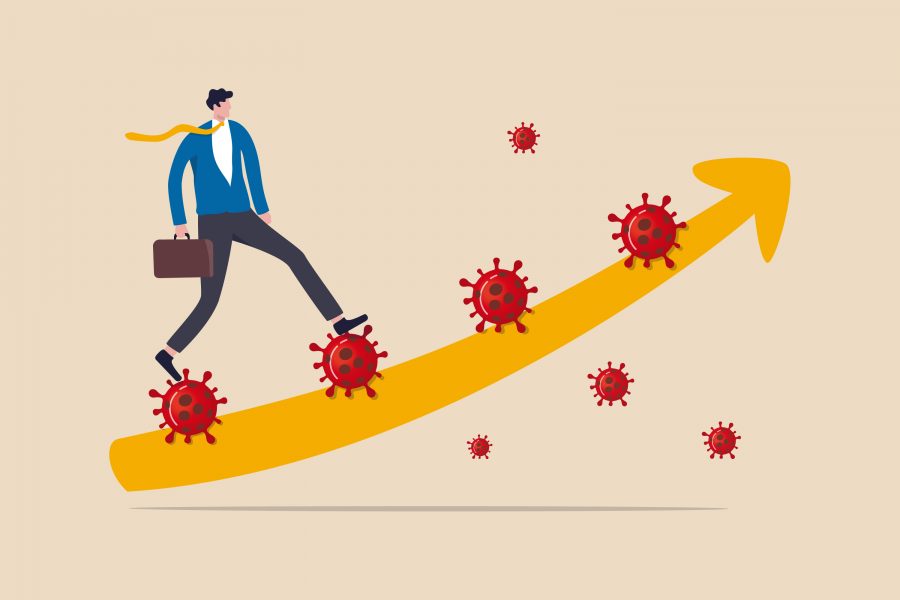 Man riding coronavirus viruses on ascending curve