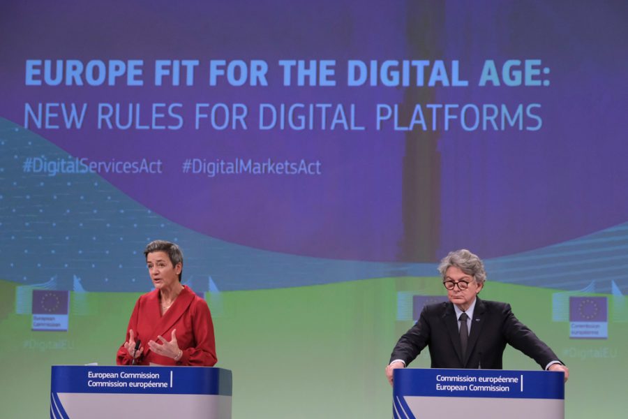 Press conference by Executive Vice-President Margrethe VESTAGER and Commissioner Thierry BRETON, on the Digital Services Act and the Digital Markets Act in Brussels, Belgium on Dec. 15, 2020