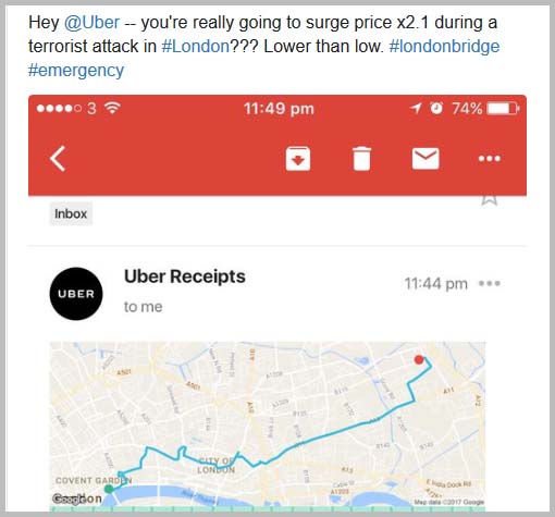 Uber slammed for putting prices up during London Bridge terror attack. Screenshot metro.co.uk on 2017/06/04