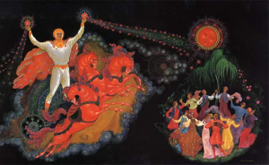 Boris Kukuliev & Kaleria Kukulieva, Entre le ciel et la terre, 1987 (miniature de Palekh)