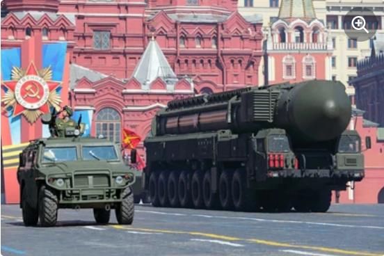 MOSCOW, RUSSIA - MAY 09, 2014: Celebration of the Victory Day (WWII). Solemn passage of military hardware on Red Square. The Topol-M (SS-27 Sickle B) intercontinental ballistic nuclear missile complex
