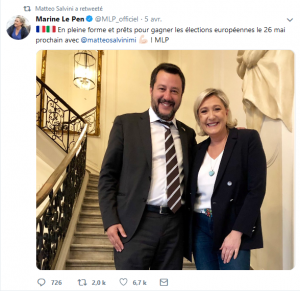 Capture écran du fil Twitter de Matteo Salvini avec Marine Le Pen, 8 avril 2019