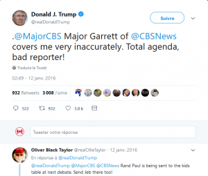 Trump tweet on 01/12/2016 "CBS's Major Garrett "covers me very inaccurately...total agenda, bad reporter" 