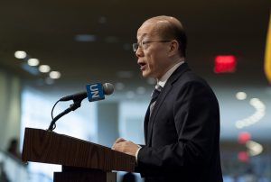 Liu Jieyi, Permanent Representative of the People’s Republic of China to the UN and President of the Security Council for July, speaks to journalists following a Council meeting on the situation in Yemen. UN Photo/Kim Haughton 12 July 2017