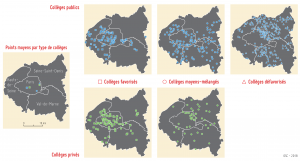 Localisation des collèges publics et privés selon leur profil social. Source : OSC, Sciences Po. 