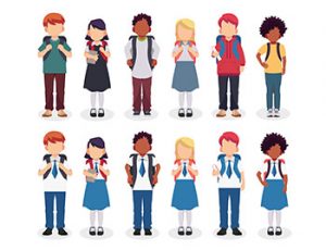 Diverse set of children with backpacks in school uniform and casual clothes. Crédits ; mei yanotai, Shuterrstock 