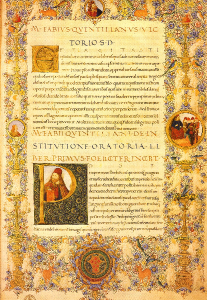 Quintilian, Institutio oratoria in ms. Florence, Biblioteca Medicea Laurenziana, Plut. 46.12, fol. 1r. Crédits : Domaine public
