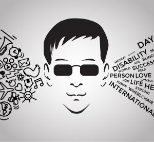 silhouette face of blind man with black glasses with graphic symbols to him right side and words to him left side. Crédit image : Gerasimov Sergei, Shutterstock