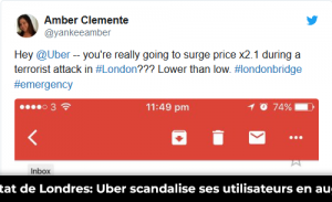 Reactions on Twitter regarding the increase in Uber taxi prices during the attack (London June 2017) ©Screenshot Huffingtonpost