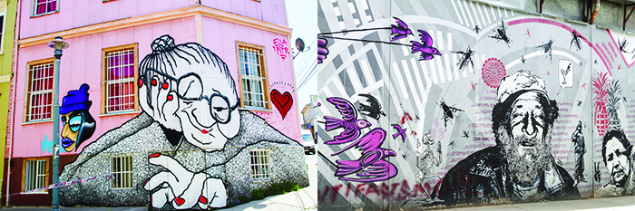 Street art. Droite : à Bogota. Gauche : à Valparaíso. ©Shutterstock