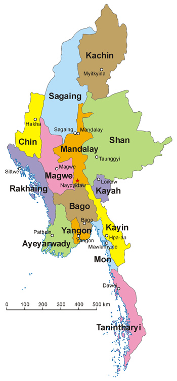 The fourteen administrative divisions of Myanmar by Aotearoa, Under CC Licence