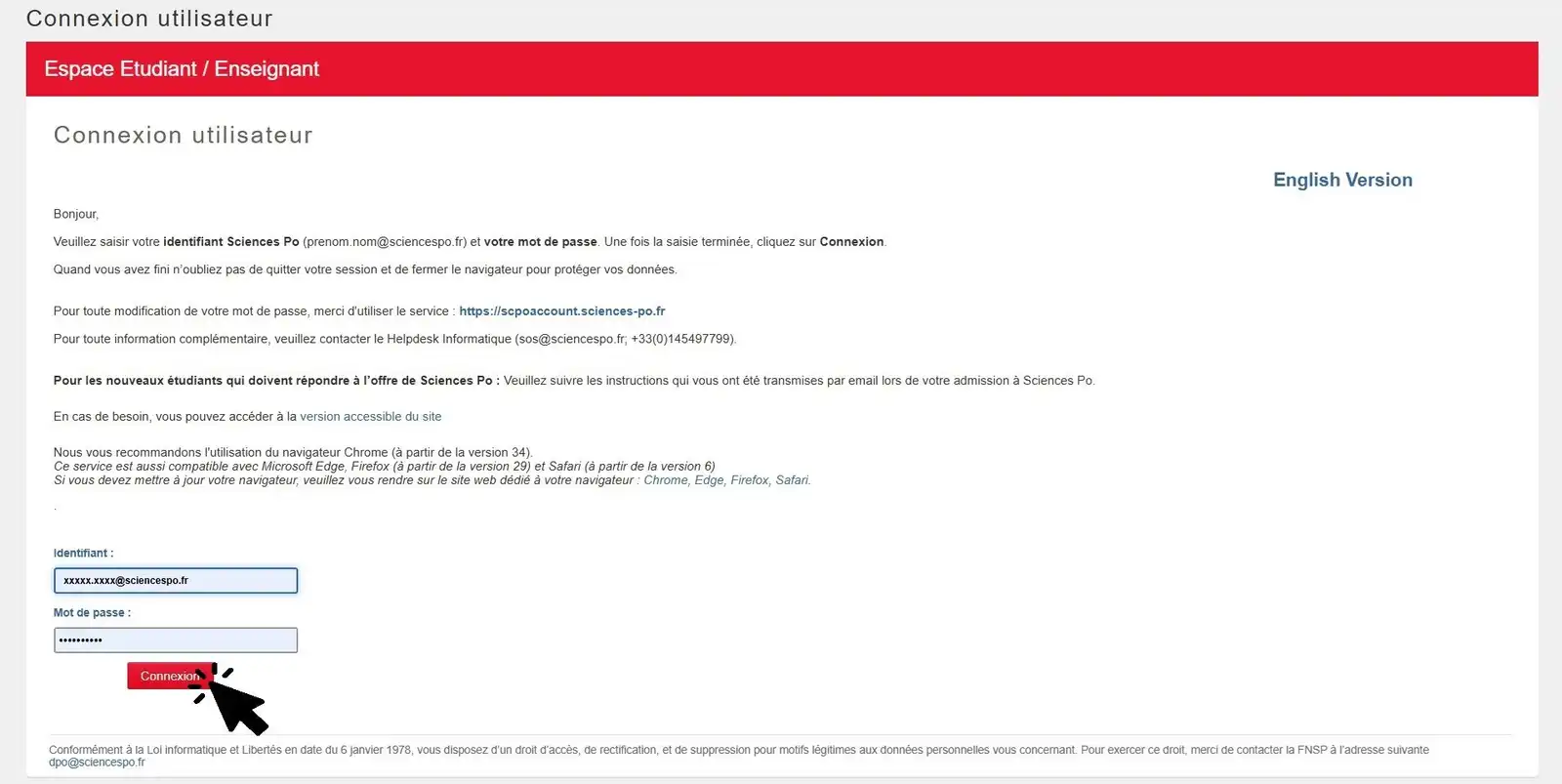Page de connexion de l'espace étudiant